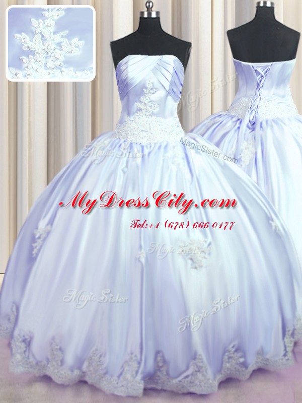 Sleeveless Floor Length Appliques Lace Up Quince Ball Gowns with Lavender