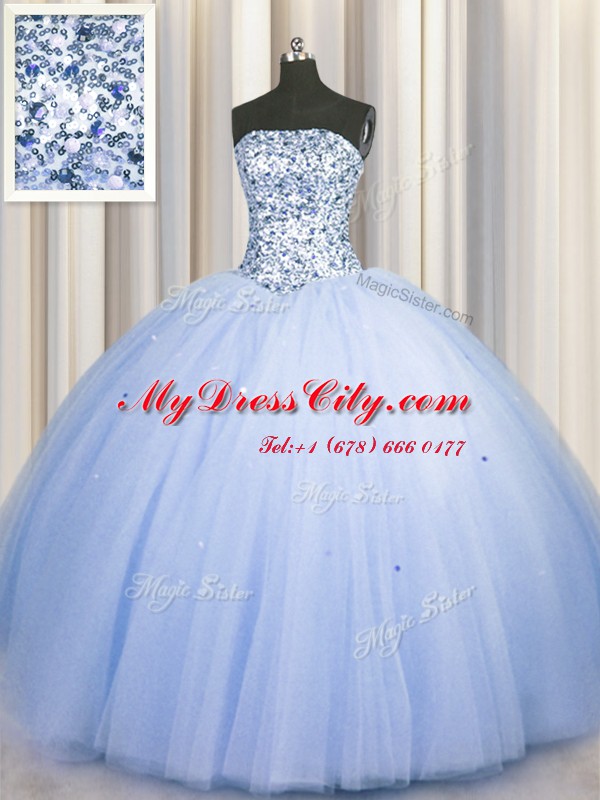 Big Puffy Blue Lace Up Strapless Beading and Sequins Sweet 16 Dress Tulle Sleeveless