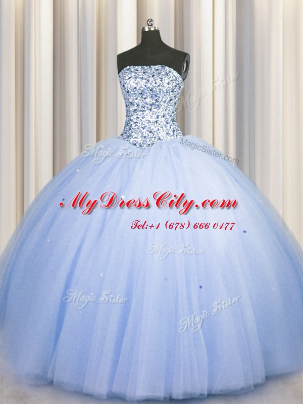 Big Puffy Blue Lace Up Strapless Beading and Sequins Sweet 16 Dress Tulle Sleeveless