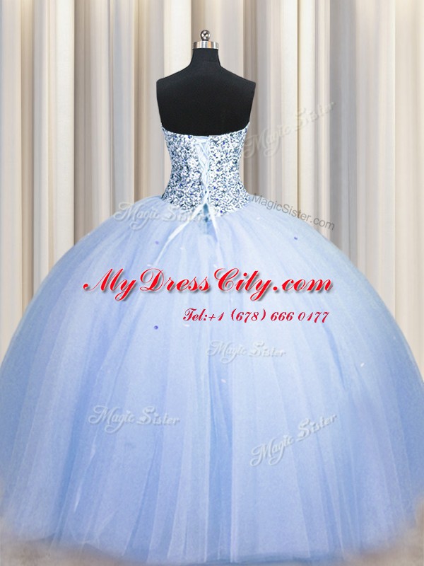 Big Puffy Blue Lace Up Strapless Beading and Sequins Sweet 16 Dress Tulle Sleeveless