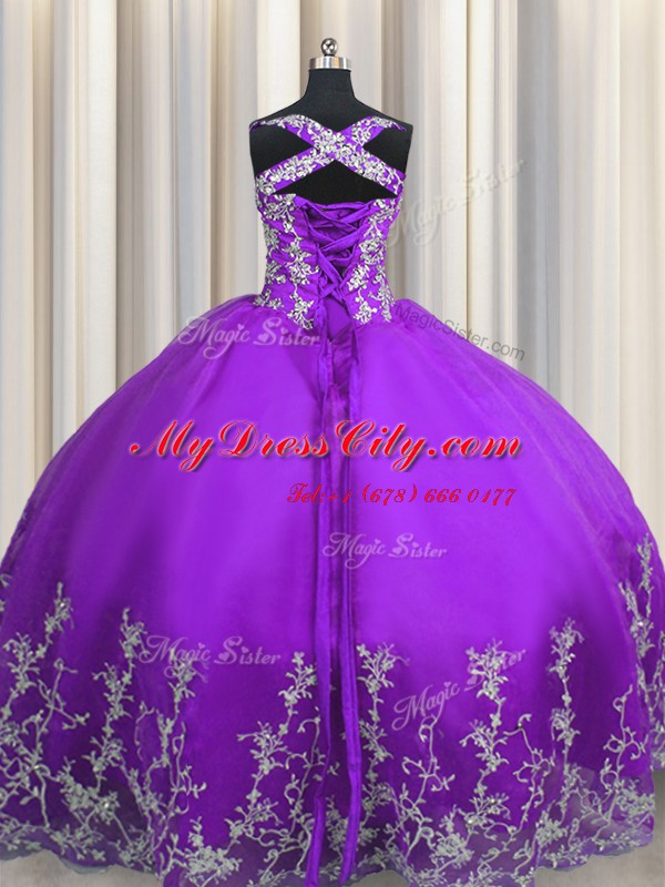 Perfect Eggplant Purple Sleeveless Tulle Lace Up Quinceanera Gowns for Military Ball and Sweet 16 and Quinceanera