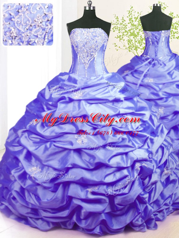 Fitting Pick Ups Lavender Sleeveless Taffeta Sweep Train Lace Up Quince Ball Gowns for Military Ball and Sweet 16 and Quinceanera