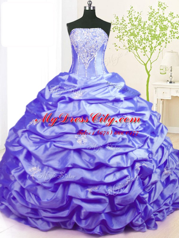 Fitting Pick Ups Lavender Sleeveless Taffeta Sweep Train Lace Up Quince Ball Gowns for Military Ball and Sweet 16 and Quinceanera