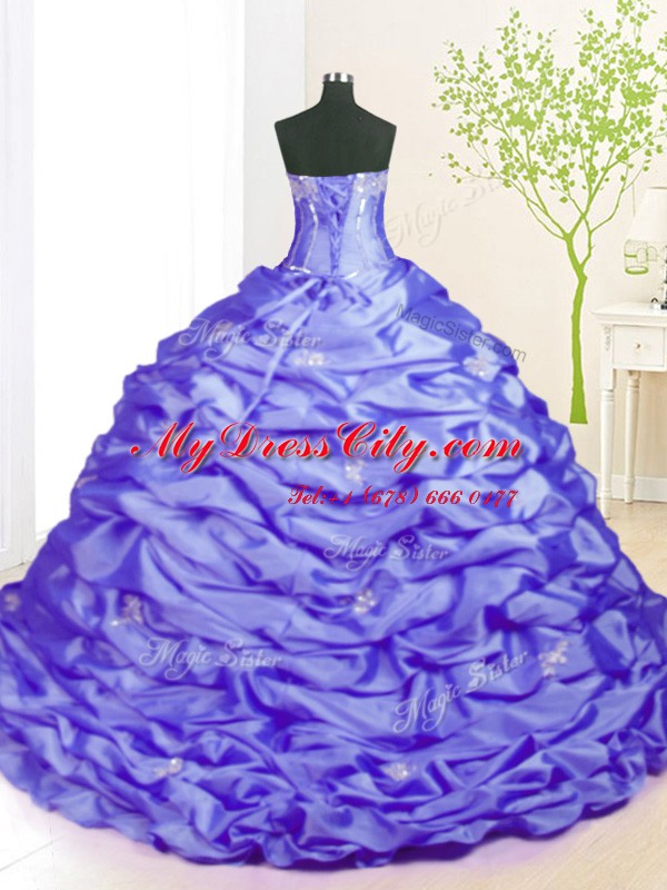 Fitting Pick Ups Lavender Sleeveless Taffeta Sweep Train Lace Up Quince Ball Gowns for Military Ball and Sweet 16 and Quinceanera