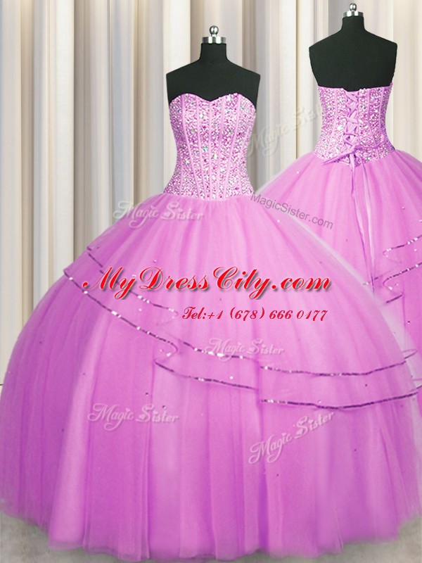 Stunning Visible Boning Really Puffy Floor Length Lilac Quinceanera Gowns Sweetheart Sleeveless Lace Up