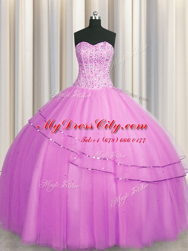 Stunning Visible Boning Really Puffy Floor Length Lilac Quinceanera Gowns Sweetheart Sleeveless Lace Up