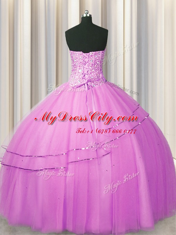 Stunning Visible Boning Really Puffy Floor Length Lilac Quinceanera Gowns Sweetheart Sleeveless Lace Up