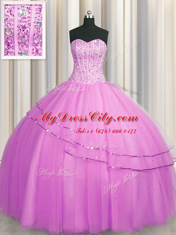 Stunning Visible Boning Really Puffy Floor Length Lilac Quinceanera Gowns Sweetheart Sleeveless Lace Up