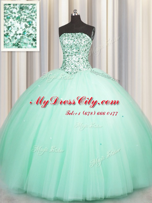 Lovely Puffy Skirt Apple Green Ball Gowns Sweetheart Sleeveless Tulle Floor Length Lace Up Beading and Sequins 15 Quinceanera Dress