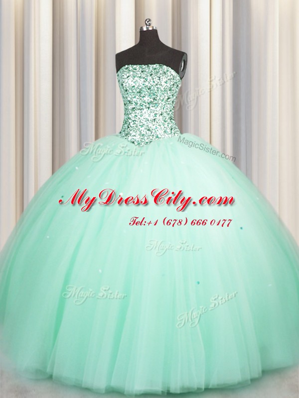 Lovely Puffy Skirt Apple Green Ball Gowns Sweetheart Sleeveless Tulle Floor Length Lace Up Beading and Sequins 15 Quinceanera Dress