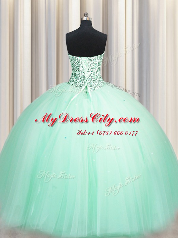 Lovely Puffy Skirt Apple Green Ball Gowns Sweetheart Sleeveless Tulle Floor Length Lace Up Beading and Sequins 15 Quinceanera Dress