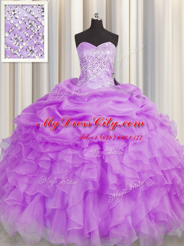 Luxurious Lilac Sleeveless Beading and Ruffles Floor Length Ball Gown Prom Dress