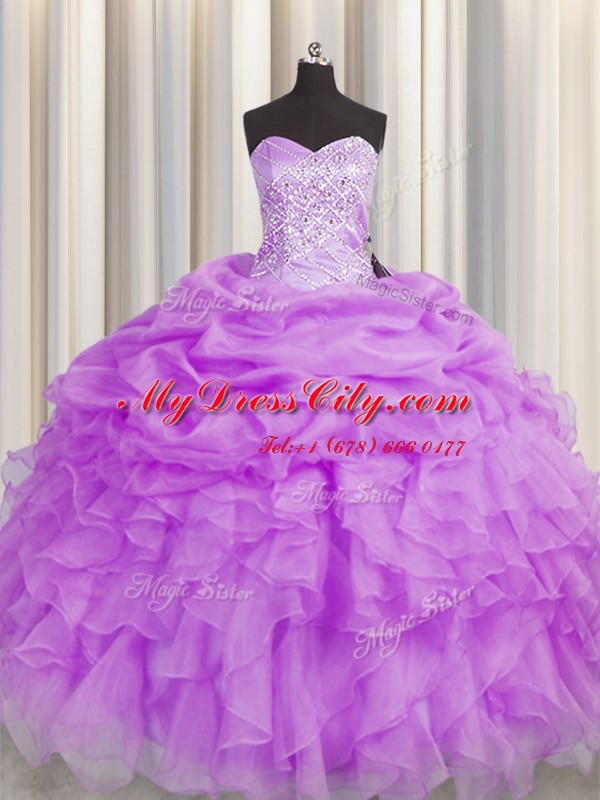 Luxurious Lilac Sleeveless Beading and Ruffles Floor Length Ball Gown Prom Dress