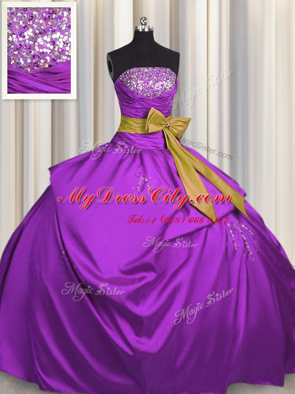 Lovely Bowknot Purple Sleeveless Satin Lace Up Quinceanera Gowns for Military Ball and Sweet 16 and Quinceanera