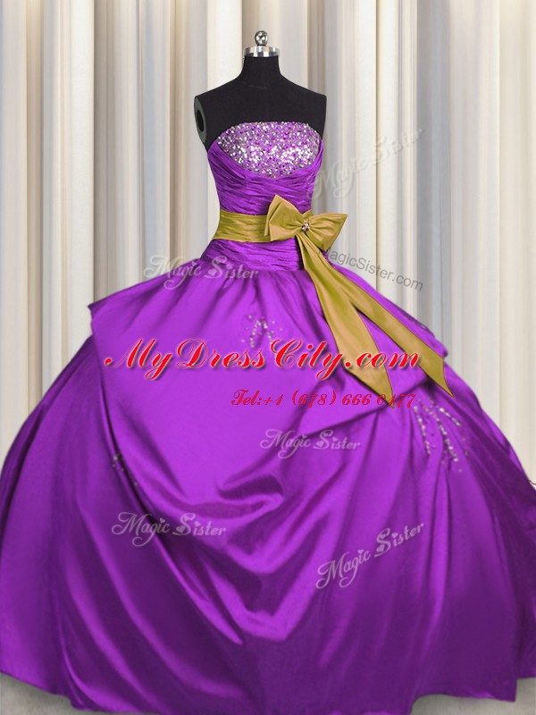 Lovely Bowknot Purple Sleeveless Satin Lace Up Quinceanera Gowns for Military Ball and Sweet 16 and Quinceanera