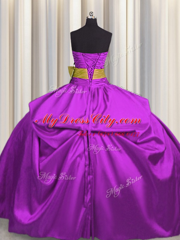 Lovely Bowknot Purple Sleeveless Satin Lace Up Quinceanera Gowns for Military Ball and Sweet 16 and Quinceanera