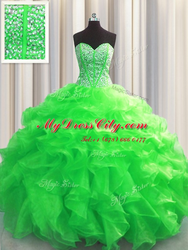 Visible Boning Floor Length Green Sweet 16 Dress Organza Sleeveless Beading and Ruffles