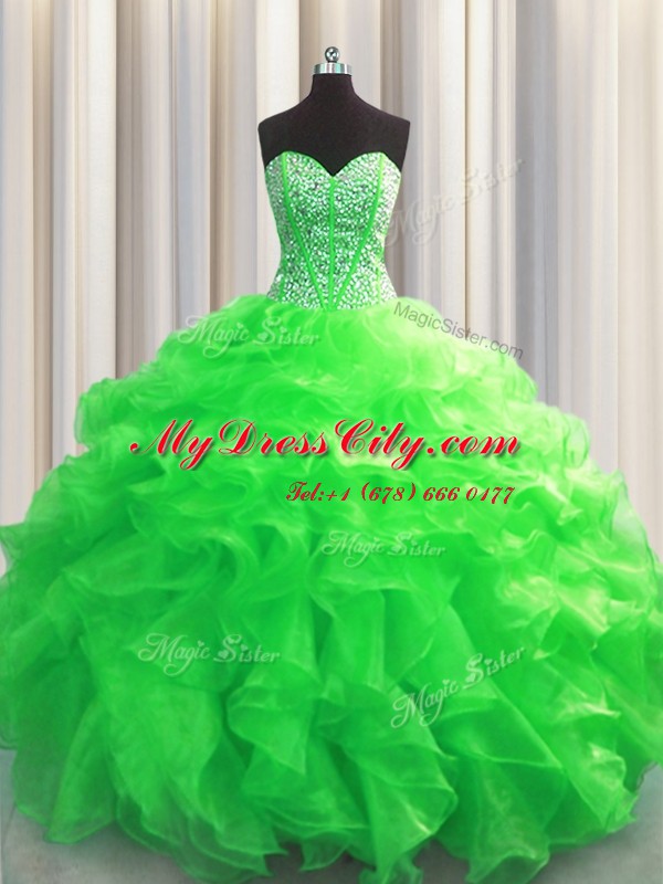 Visible Boning Floor Length Green Sweet 16 Dress Organza Sleeveless Beading and Ruffles