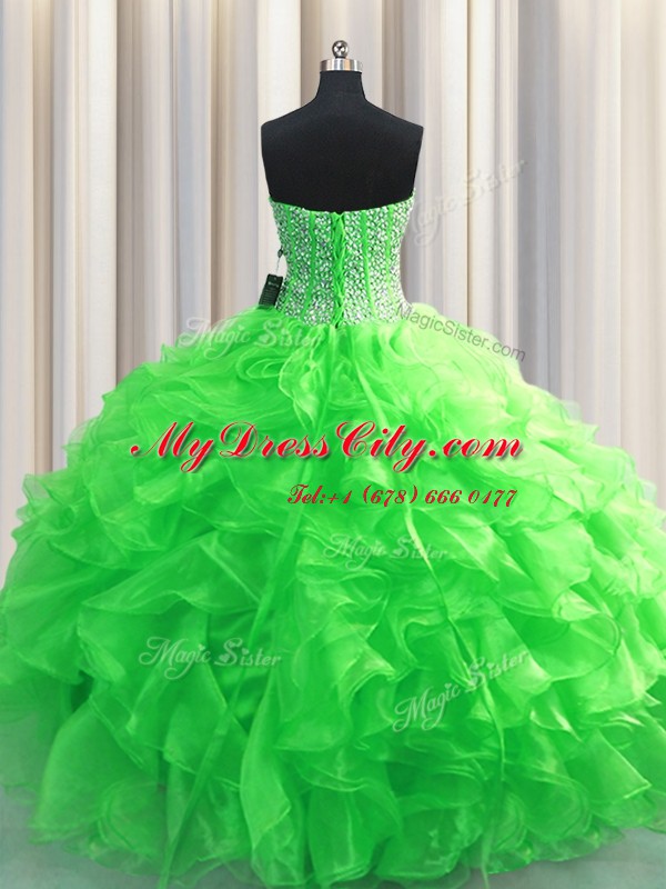 Visible Boning Floor Length Green Sweet 16 Dress Organza Sleeveless Beading and Ruffles