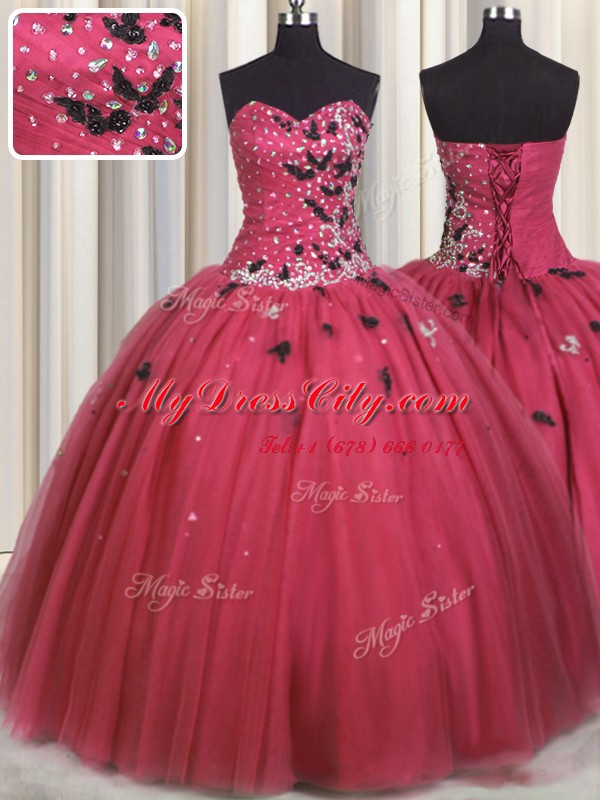 Amazing Sweetheart Sleeveless Lace Up Sweet 16 Dress Coral Red Tulle