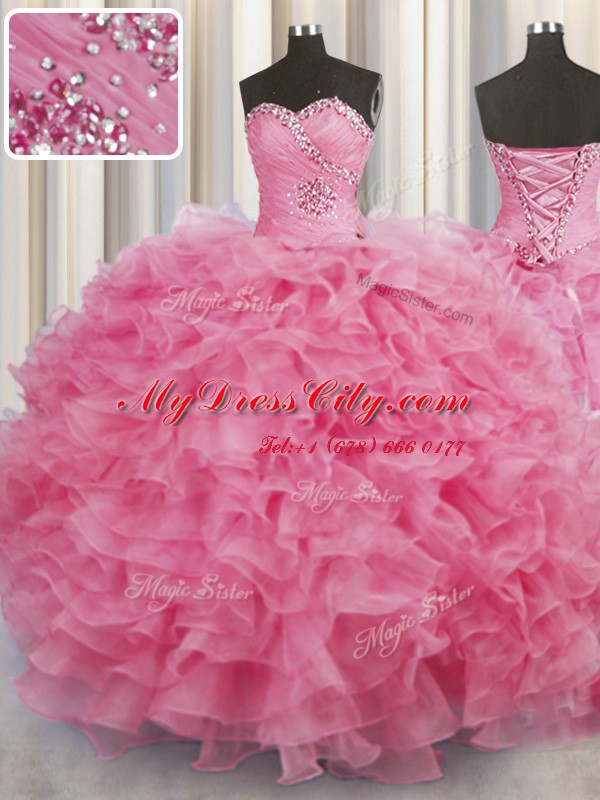 Latest Floor Length Lace Up 15th Birthday Dress Rose Pink for Military Ball and Sweet 16 and Quinceanera with Beading and Ruffles