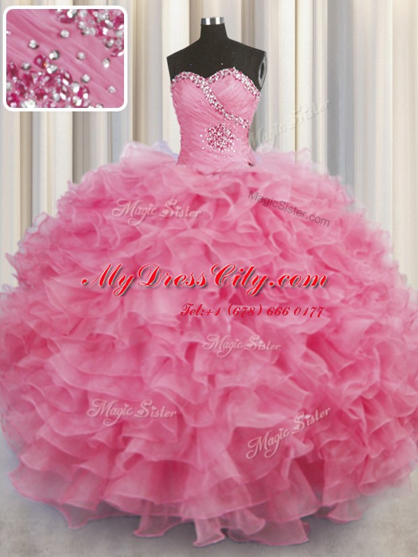 Latest Floor Length Lace Up 15th Birthday Dress Rose Pink for Military Ball and Sweet 16 and Quinceanera with Beading and Ruffles