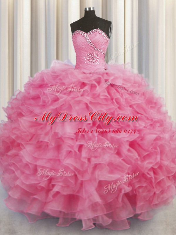 Latest Floor Length Lace Up 15th Birthday Dress Rose Pink for Military Ball and Sweet 16 and Quinceanera with Beading and Ruffles