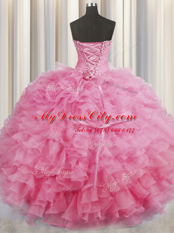 Latest Floor Length Lace Up 15th Birthday Dress Rose Pink for Military Ball and Sweet 16 and Quinceanera with Beading and Ruffles