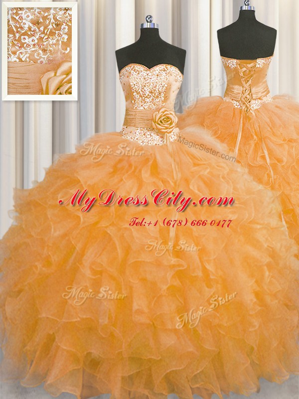 Handcrafted Flower Floor Length Ball Gowns Sleeveless Orange 15 Quinceanera Dress Lace Up