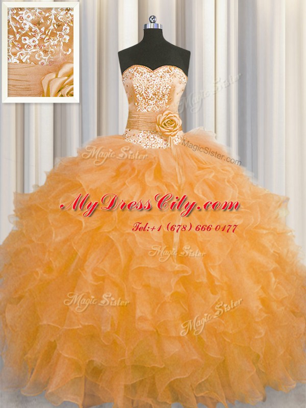 Handcrafted Flower Floor Length Ball Gowns Sleeveless Orange 15 Quinceanera Dress Lace Up