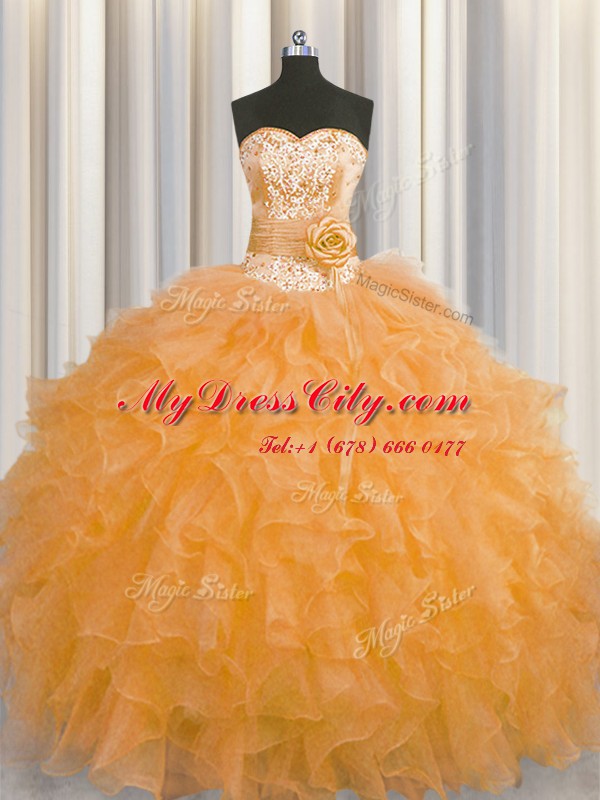 Handcrafted Flower Floor Length Ball Gowns Sleeveless Orange 15 Quinceanera Dress Lace Up