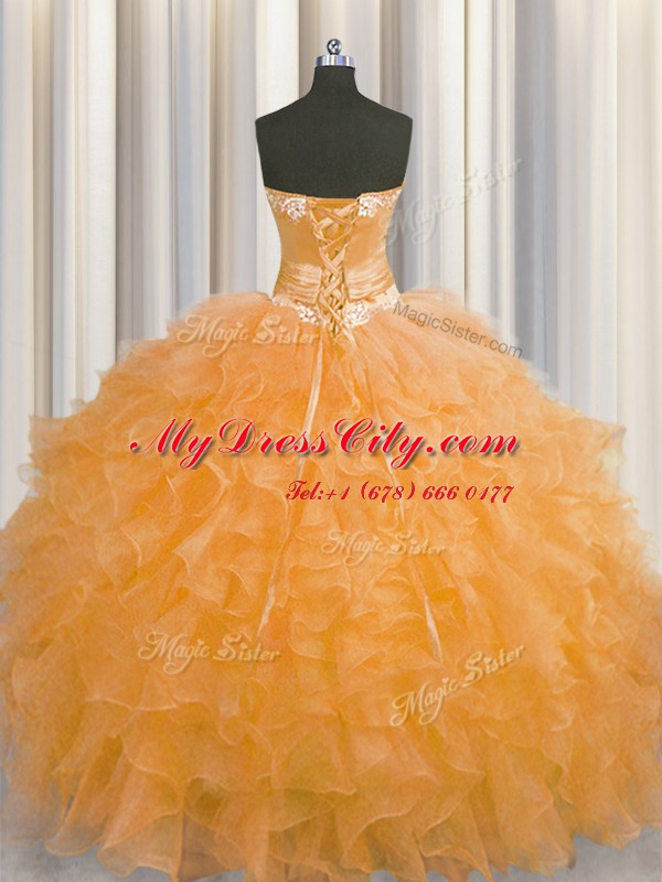 Handcrafted Flower Floor Length Ball Gowns Sleeveless Orange 15 Quinceanera Dress Lace Up