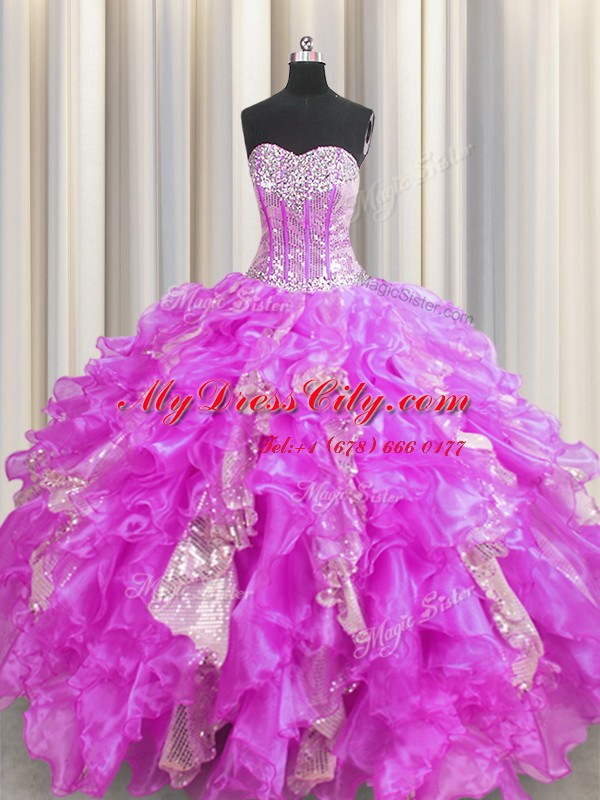 High Class Visible Boning Sweetheart Sleeveless Organza and Sequined Quinceanera Gowns Beading and Ruffles and Sequins Lace Up