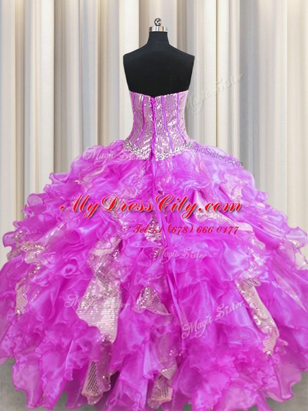 High Class Visible Boning Sweetheart Sleeveless Organza and Sequined Quinceanera Gowns Beading and Ruffles and Sequins Lace Up