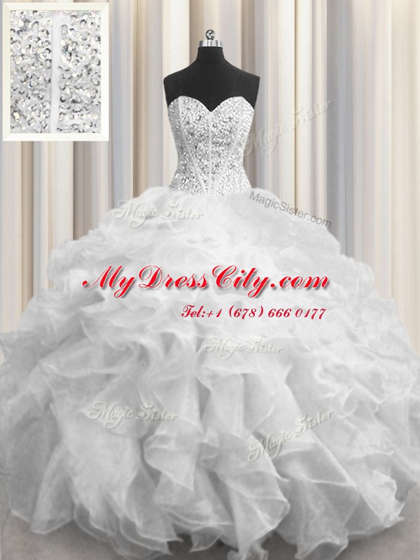 Luxurious Visible Boning Beading and Ruffles Quinceanera Gown White Lace Up Sleeveless Floor Length