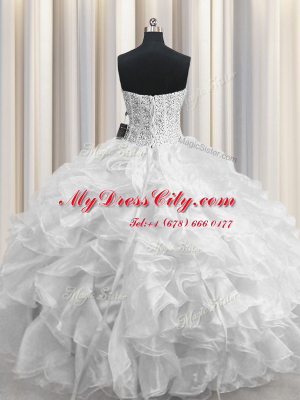 Luxurious Visible Boning Beading and Ruffles Quinceanera Gown White Lace Up Sleeveless Floor Length