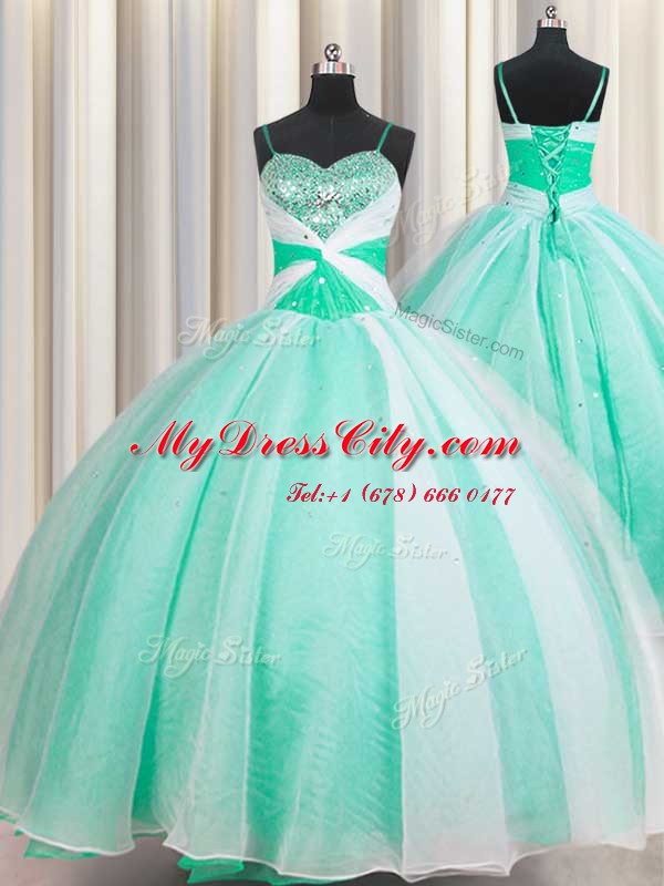 Spaghetti Straps Sleeveless Organza Floor Length Lace Up Quinceanera Gown in Apple Green with Beading and Ruching