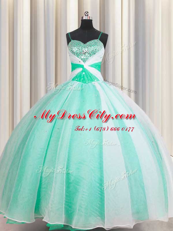 Spaghetti Straps Sleeveless Organza Floor Length Lace Up Quinceanera Gown in Apple Green with Beading and Ruching