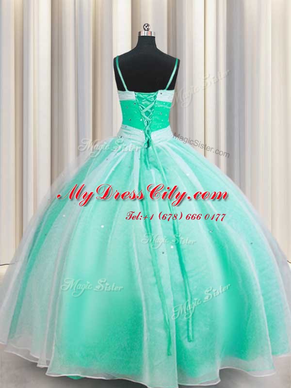 Spaghetti Straps Sleeveless Organza Floor Length Lace Up Quinceanera Gown in Apple Green with Beading and Ruching