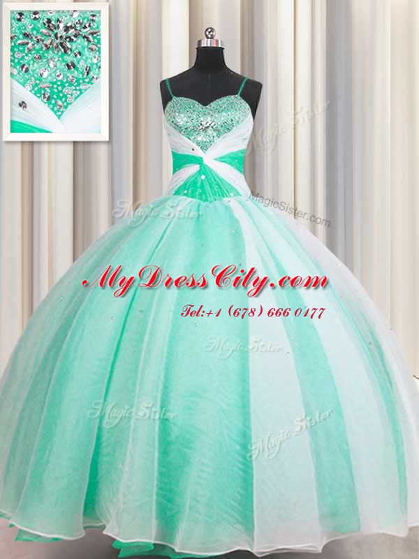 Spaghetti Straps Sleeveless Organza Floor Length Lace Up Quinceanera Gown in Apple Green with Beading and Ruching