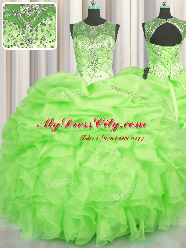 Elegant See Through Scoop Neckline Beading and Ruffles and Pick Ups Ball Gown Prom Dress Sleeveless Lace Up