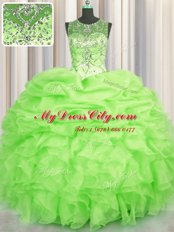 Elegant See Through Scoop Neckline Beading and Ruffles and Pick Ups Ball Gown Prom Dress Sleeveless Lace Up