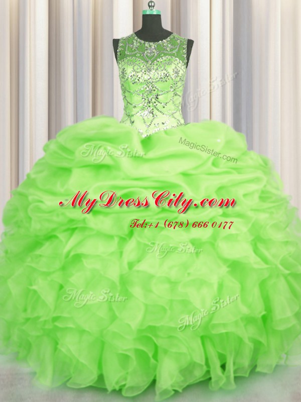 Elegant See Through Scoop Neckline Beading and Ruffles and Pick Ups Ball Gown Prom Dress Sleeveless Lace Up