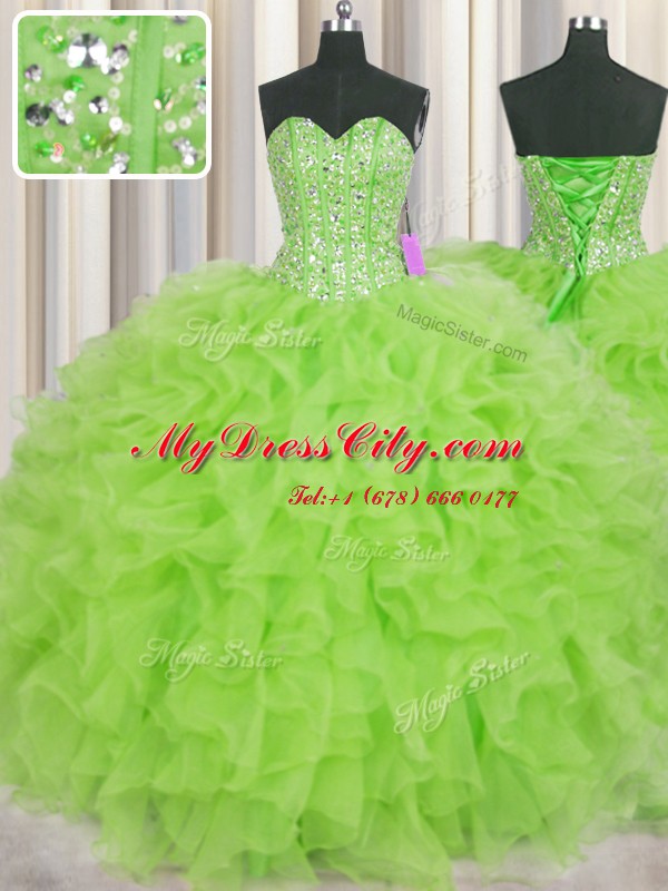 Visible Boning Organza Lace Up Sweetheart Sleeveless Floor Length Sweet 16 Dresses Beading and Ruffles