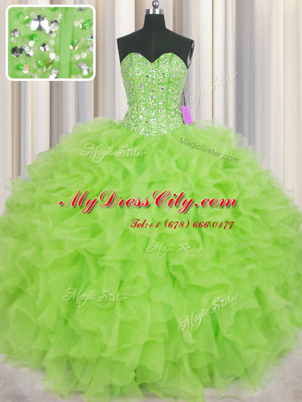 Visible Boning Organza Lace Up Sweetheart Sleeveless Floor Length Sweet 16 Dresses Beading and Ruffles