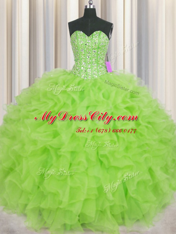 Visible Boning Organza Lace Up Sweetheart Sleeveless Floor Length Sweet 16 Dresses Beading and Ruffles