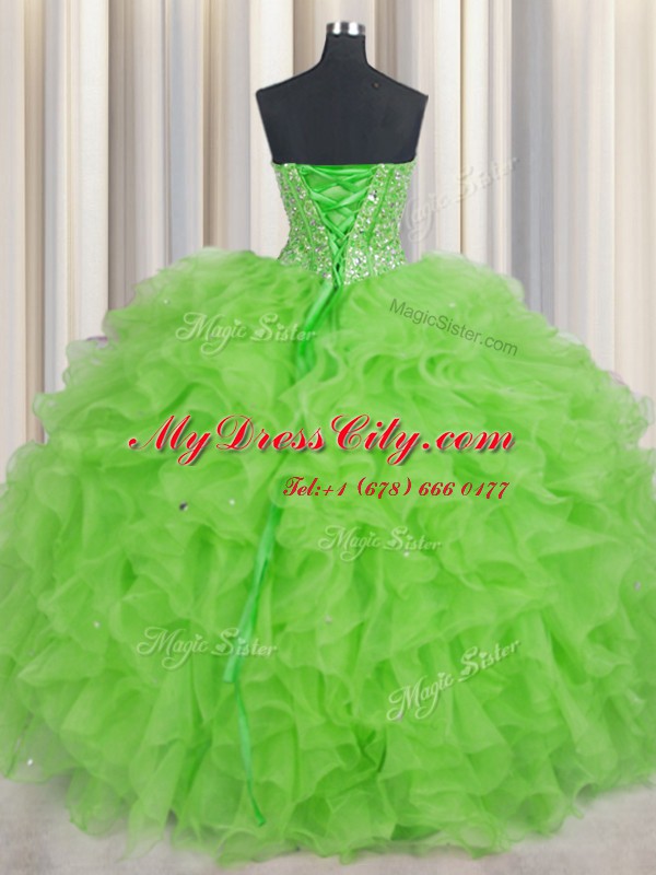 Visible Boning Organza Lace Up Sweetheart Sleeveless Floor Length Sweet 16 Dresses Beading and Ruffles