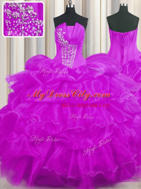 Custom Design Purple Lace Up Quinceanera Gown Beading and Ruffled Layers and Pick Ups Sleeveless Floor Length