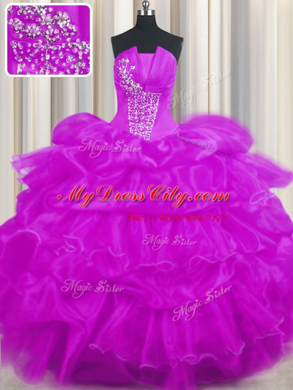 Custom Design Purple Lace Up Quinceanera Gown Beading and Ruffled Layers and Pick Ups Sleeveless Floor Length