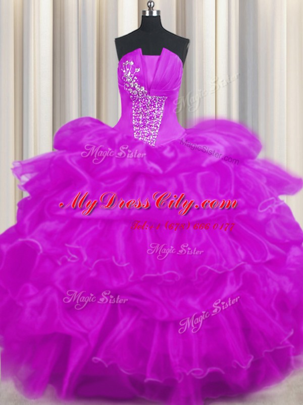 Custom Design Purple Lace Up Quinceanera Gown Beading and Ruffled Layers and Pick Ups Sleeveless Floor Length